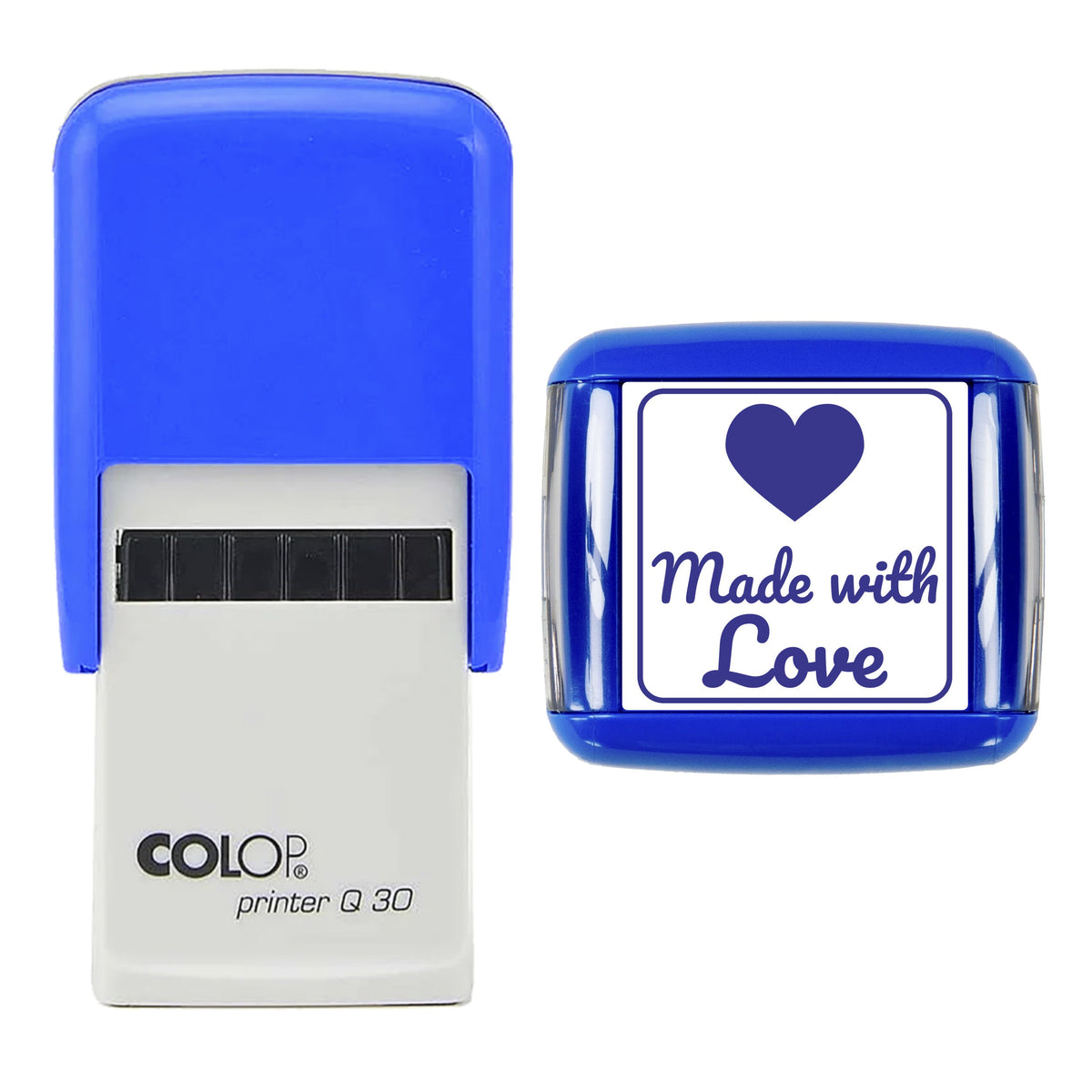 Stamp showing the Made with Love Heart design, 30 x 30mm COLOP Q30 self-inking stamp, violet ink