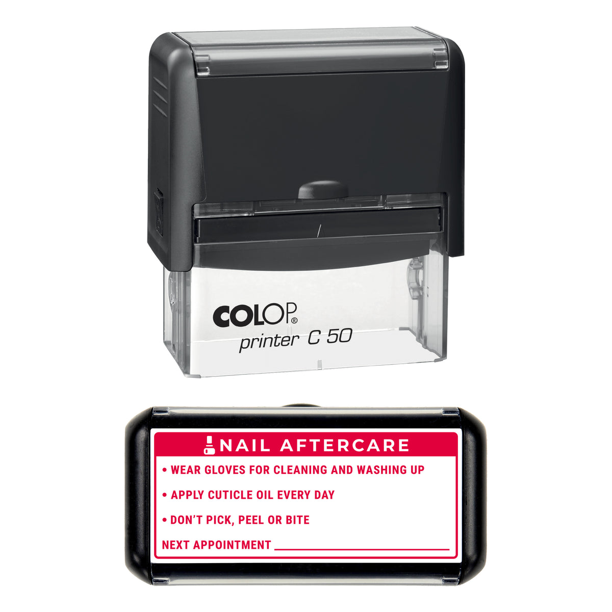 Stamp showing the Nail Aftercare Instructions design, 70 x 30mm COLOP C50 self-inking stamp, red ink