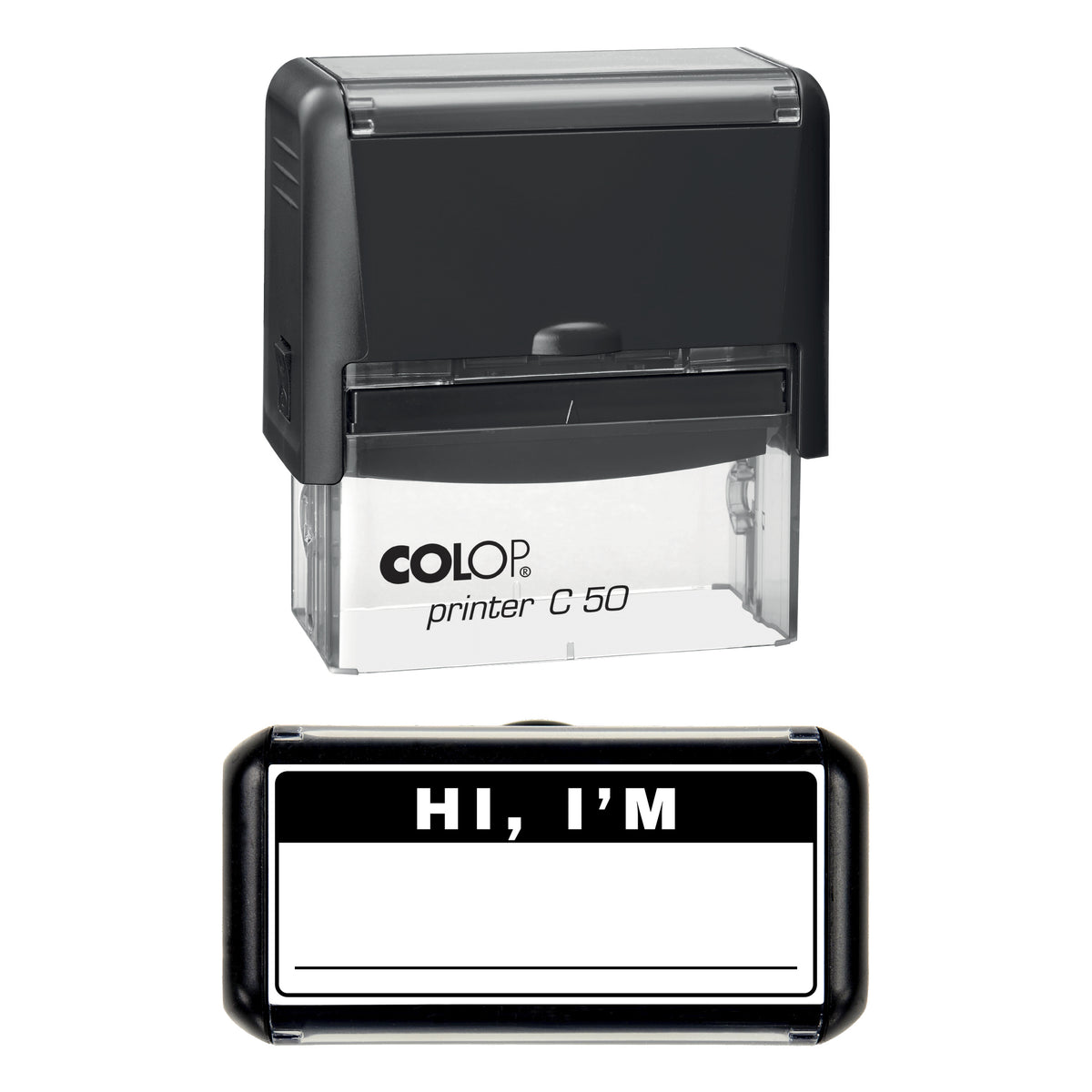 Stamp showing the Hi Im Write-In Name Badge design, 70 x 30mm COLOP C50 self-inking stamp, black ink