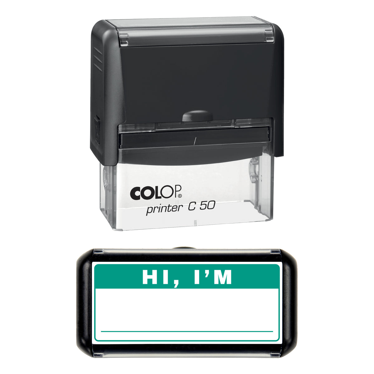 Stamp showing the Hi Im Write-In Name Badge design, 70 x 30mm COLOP C50 self-inking stamp, green ink