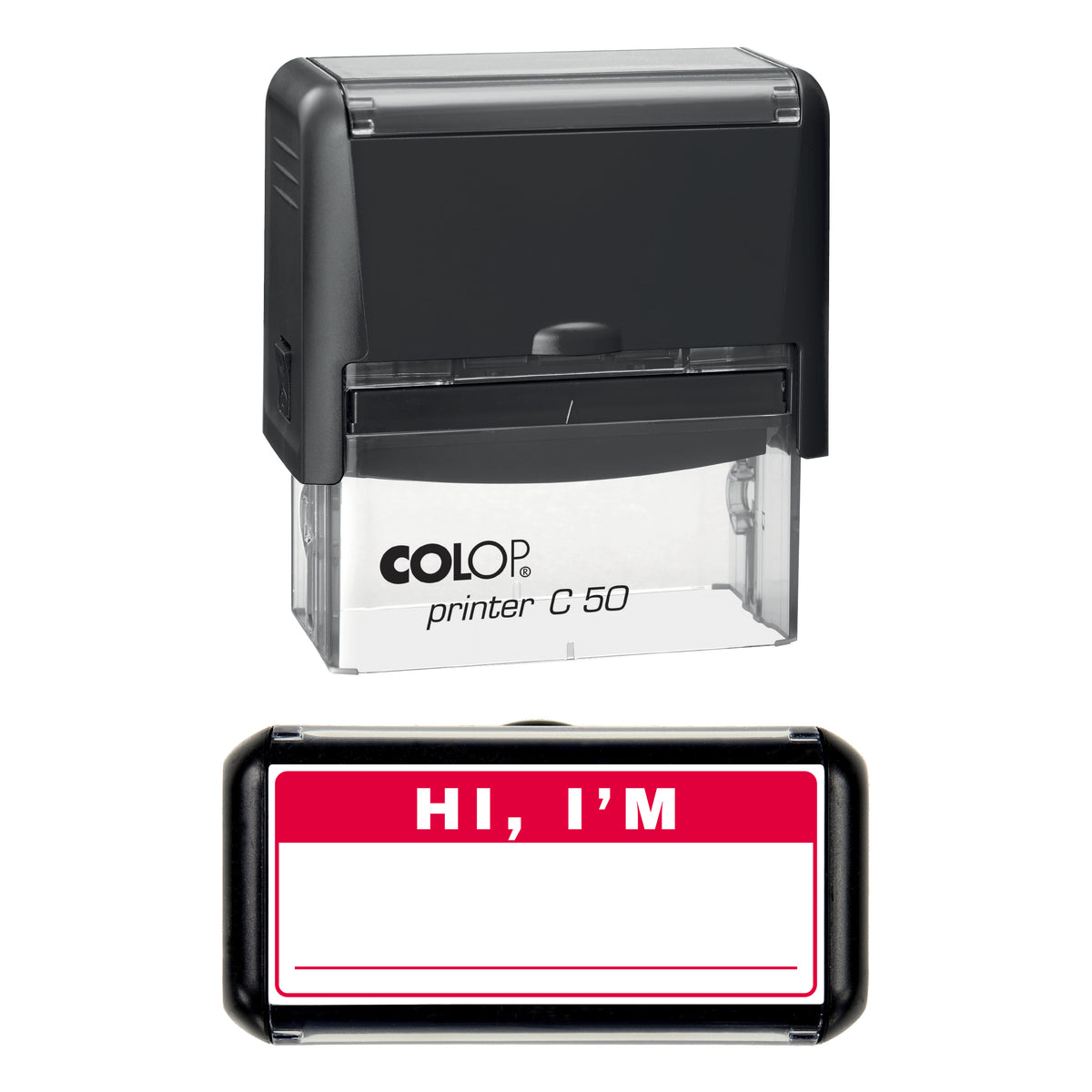 Stamp showing the Hi Im Write-In Name Badge design, 70 x 30mm COLOP C50 self-inking stamp, red ink
