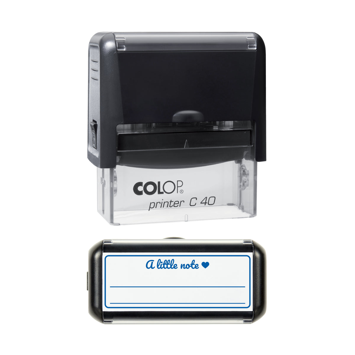 Stamp showing the A Little Note Write-In design, 58 x 22mm COLOP C40 self-inking stamp, blue ink