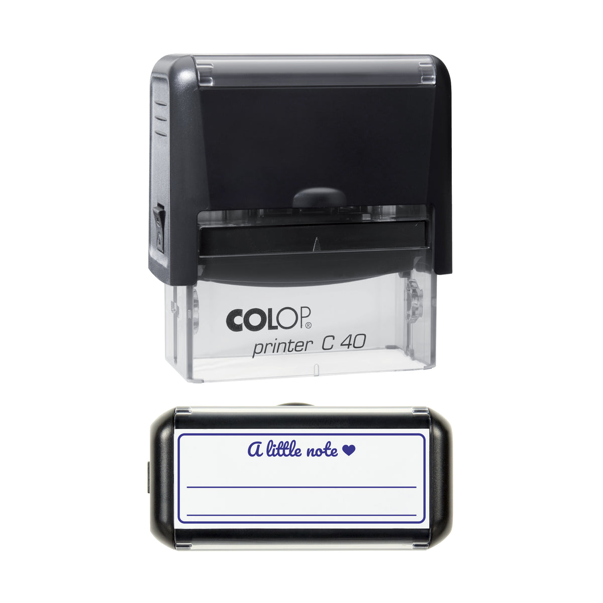 Stamp showing the A Little Note Write-In design, 58 x 22mm COLOP C40 self-inking stamp, violet ink