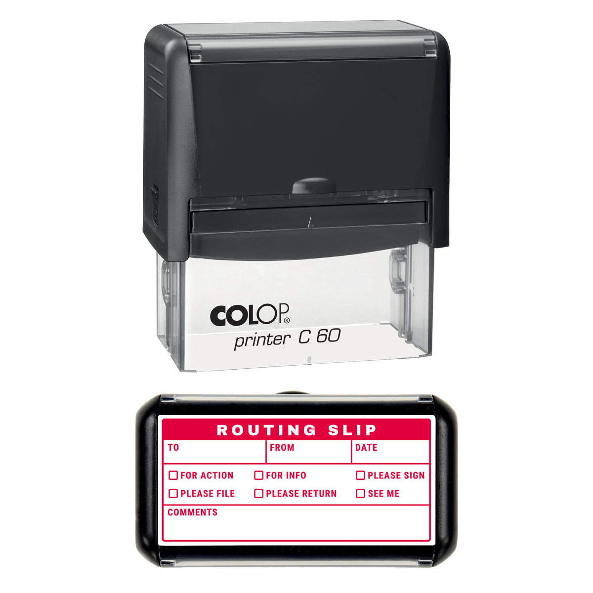 Stamp showing the Document Routing Slip design, 77 x 36mm COLOP C60 self-inking stamp, red ink