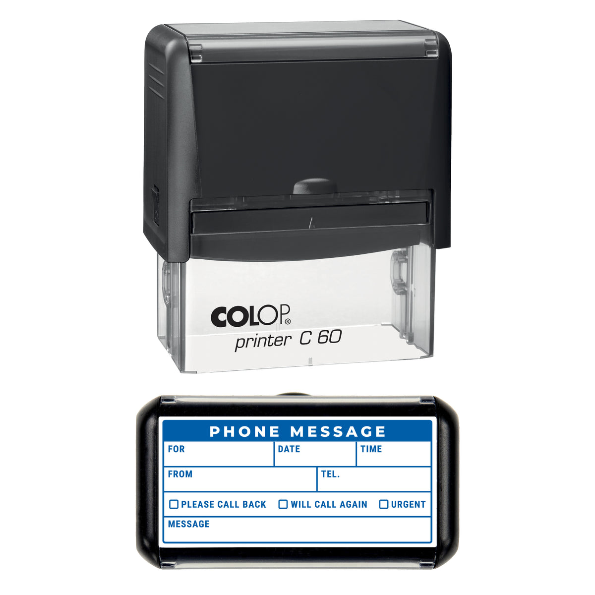 Stamp showing the Phone Message Record design, 77 x 36mm COLOP C60 self-inking stamp, blue ink