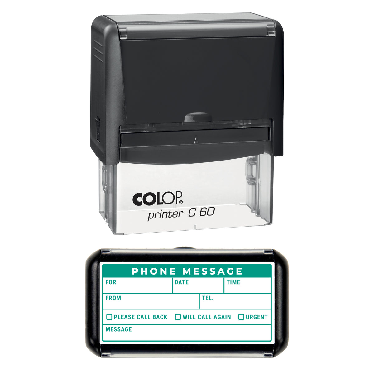 Stamp showing the Phone Message Record design, 77 x 36mm COLOP C60 self-inking stamp, green ink