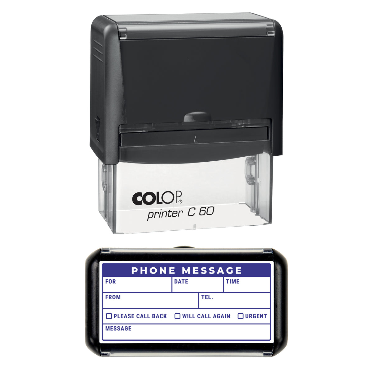 Stamp showing the Phone Message Record design, 77 x 36mm COLOP C60 self-inking stamp, violet ink