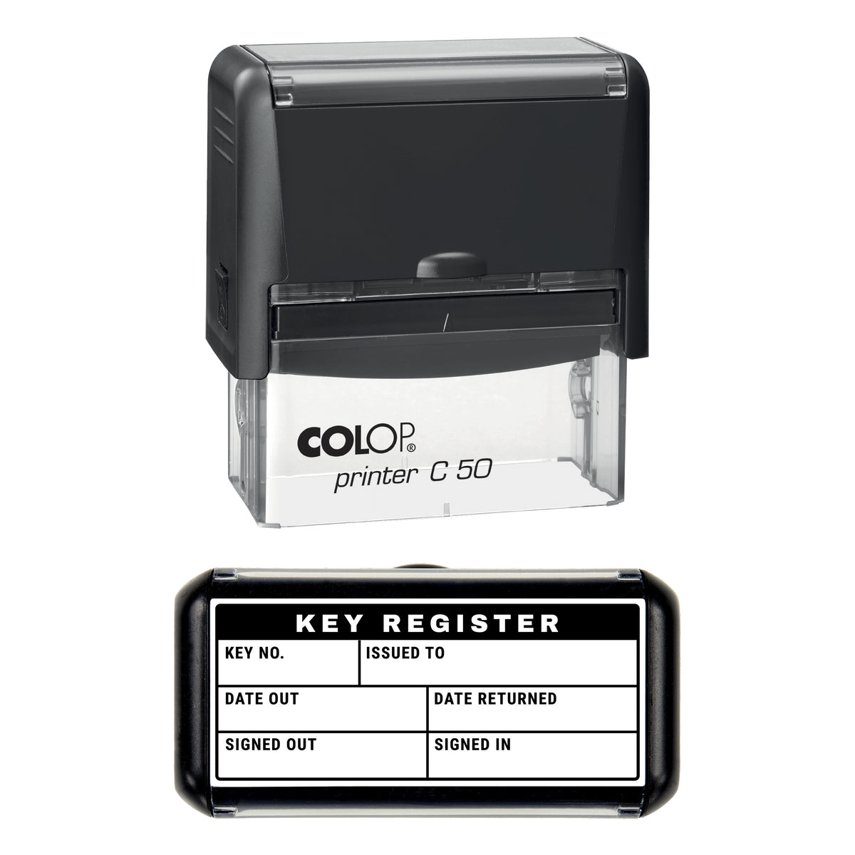 Stamp showing the Key Register Sign Out Record design, 70 x 30mm COLOP C50 self-inking stamp, black ink