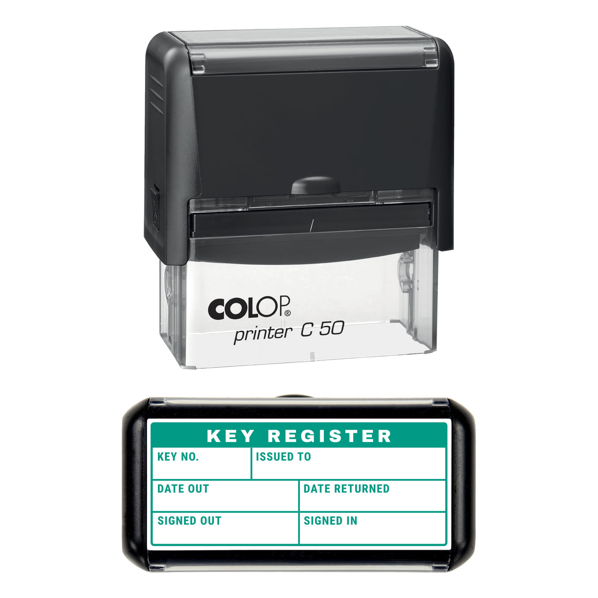 Stamp showing the Key Register Sign Out Record design, 70 x 30mm COLOP C50 self-inking stamp, green ink