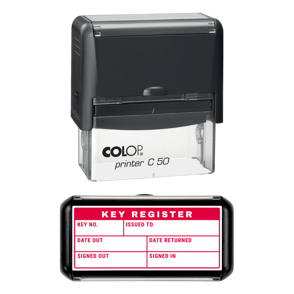 Stamp showing the Key Register Sign Out Record design, 70 x 30mm COLOP C50 self-inking stamp, red ink