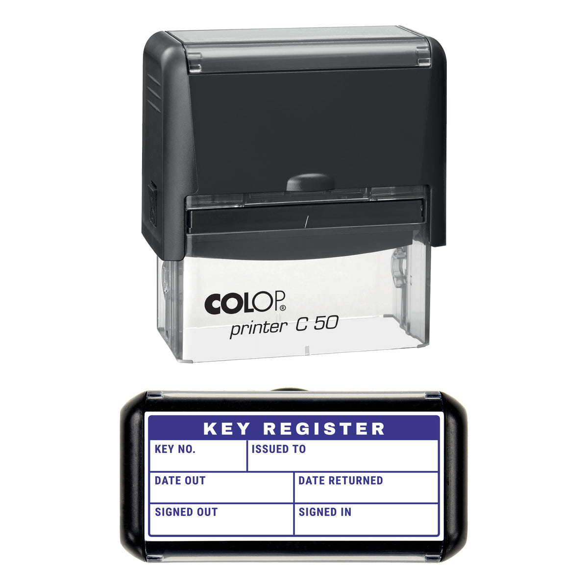Stamp showing the Key Register Sign Out Record design, 70 x 30mm COLOP C50 self-inking stamp, violet ink