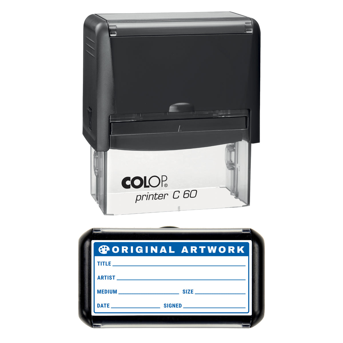 Stamp showing the Original Artwork Details design, 77 x 36mm COLOP C60 self-inking stamp, blue ink