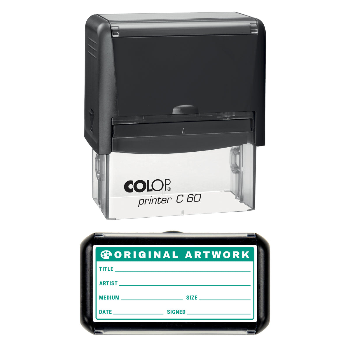 Stamp showing the Original Artwork Details design, 77 x 36mm COLOP C60 self-inking stamp, green ink
