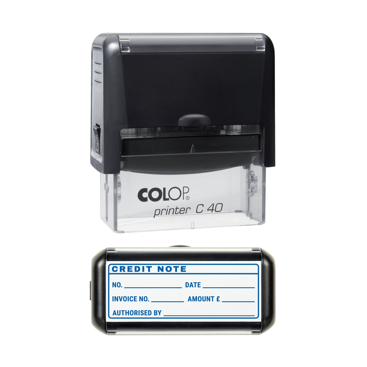 Stamp showing the Credit Note Record design, 58 x 22mm COLOP C40 self-inking stamp, blue ink