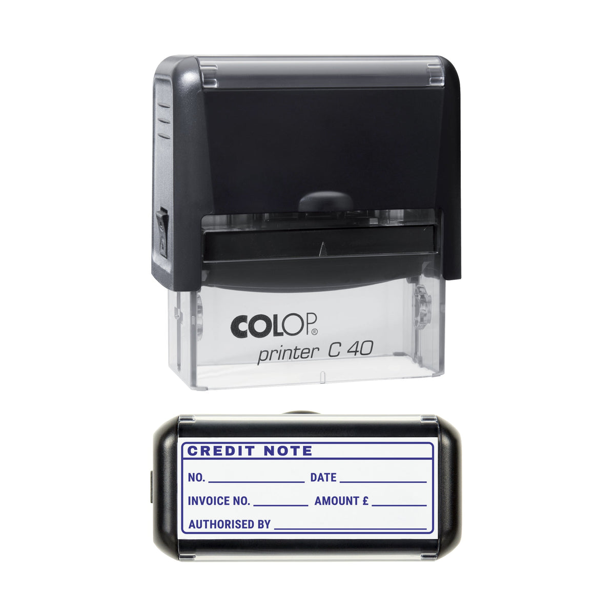 Stamp showing the Credit Note Record design, 58 x 22mm COLOP C40 self-inking stamp, violet ink