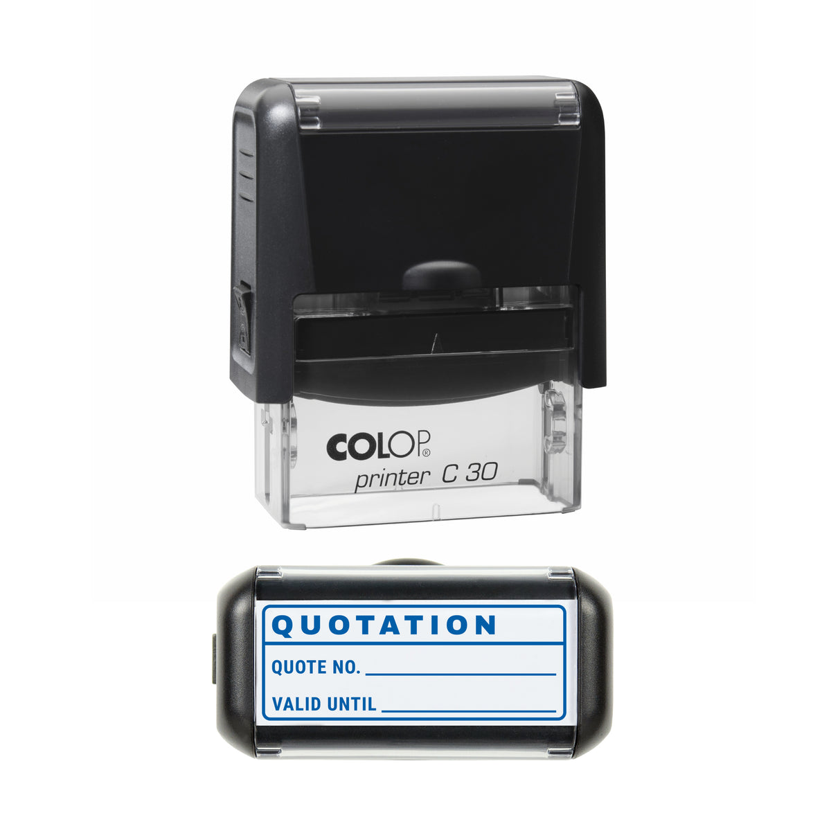 Stamp showing the Quotation Valid Until design, 45 x 18mm COLOP C30 self-inking stamp, blue ink