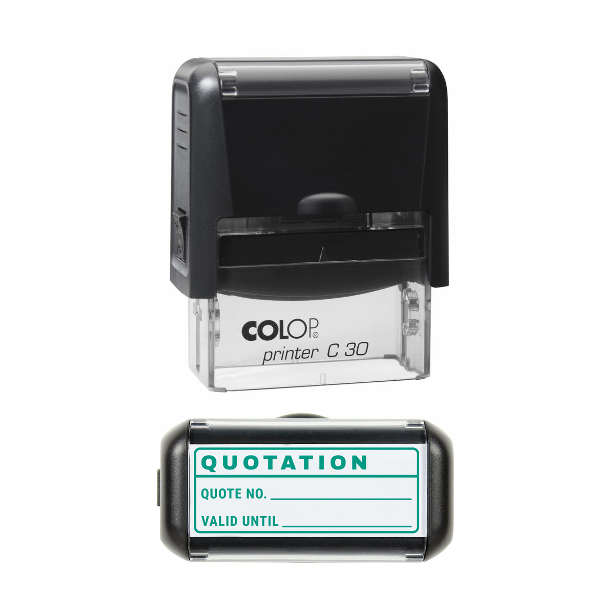 Stamp showing the Quotation Valid Until design, 45 x 18mm COLOP C30 self-inking stamp, green ink