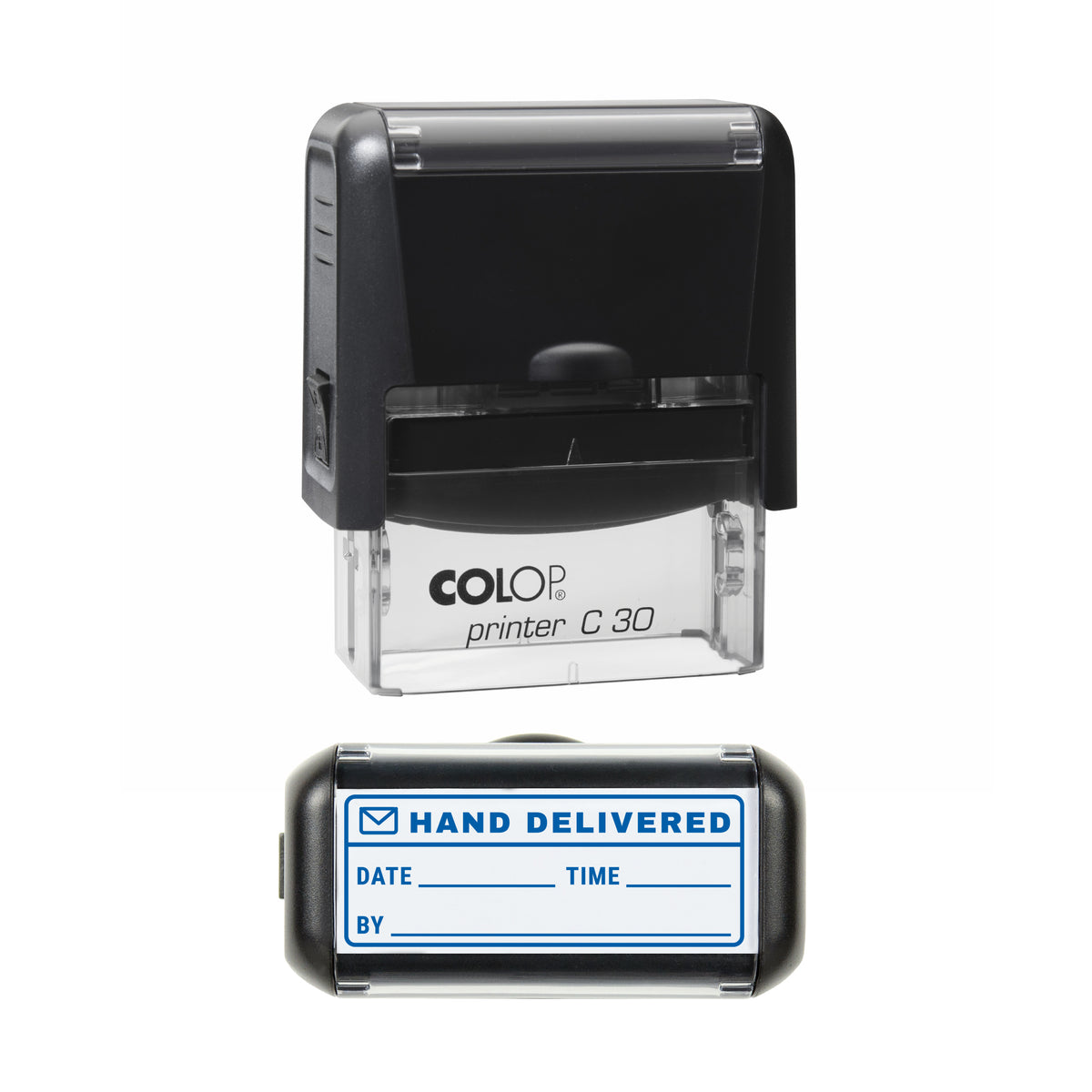Stamp showing the Hand Delivered Record design, 45 x 18mm COLOP C30 self-inking stamp, blue ink