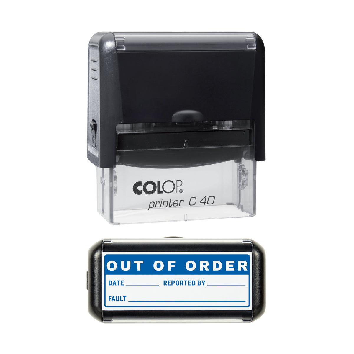 Stamp showing the Out of Order Fault Record design, 58 x 22mm COLOP C40 self-inking stamp, blue ink