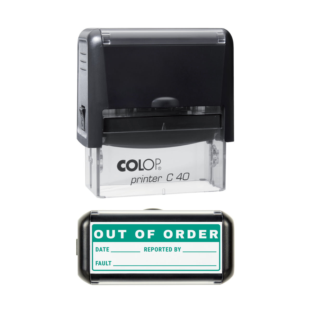 Stamp showing the Out of Order Fault Record design, 58 x 22mm COLOP C40 self-inking stamp, green ink