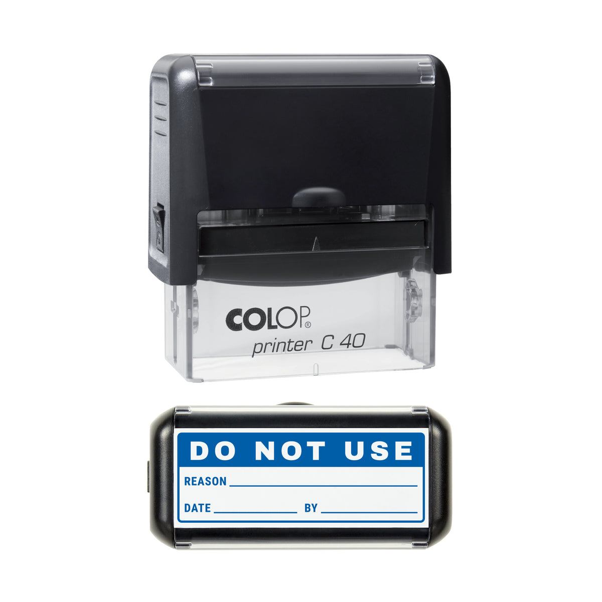 Stamp showing the Do Not Use Reason Record design, 58 x 22mm COLOP C40 self-inking stamp, blue ink