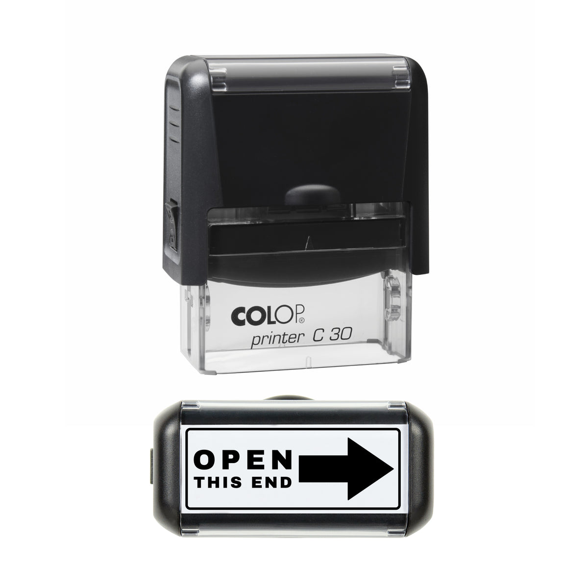 Stamp showing the Open This End Arrow design, 45 x 18mm COLOP C30 self-inking stamp, black ink