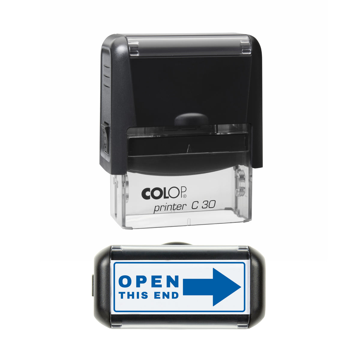 Stamp showing the Open This End Arrow design, 45 x 18mm COLOP C30 self-inking stamp, blue ink