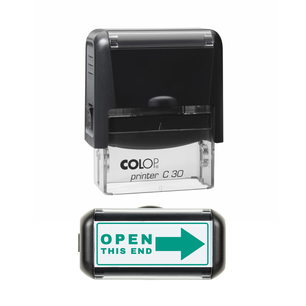 Stamp showing the Open This End Arrow design, 45 x 18mm COLOP C30 self-inking stamp, green ink