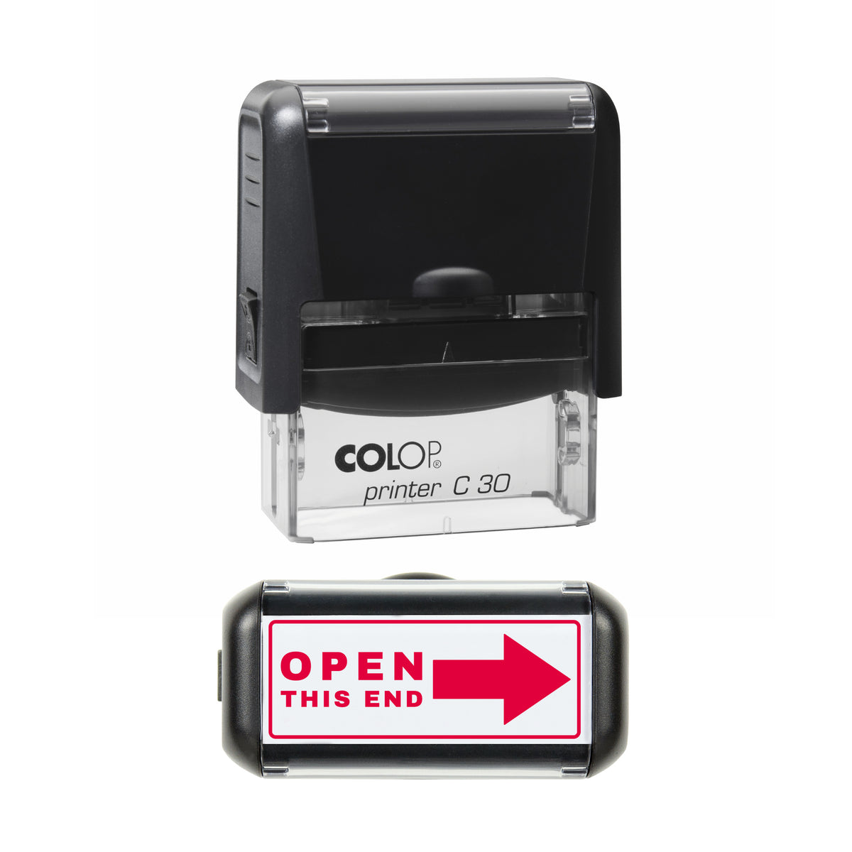 Stamp showing the Open This End Arrow design, 45 x 18mm COLOP C30 self-inking stamp, red ink