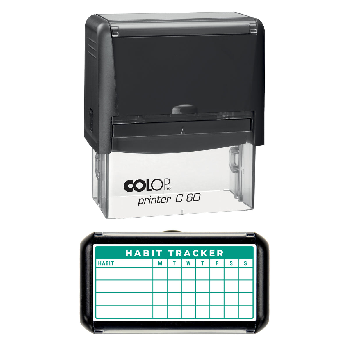 Stamp showing the Weekly Habit Tracker design, 77 x 36mm COLOP C60 self-inking stamp, green ink