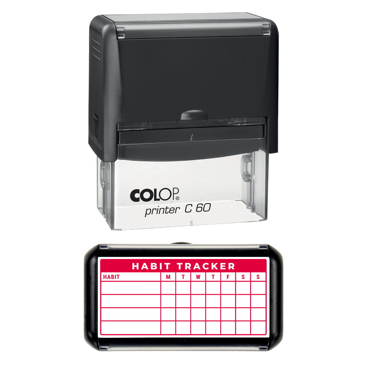 Stamp showing the Weekly Habit Tracker design, 77 x 36mm COLOP C60 self-inking stamp, red ink