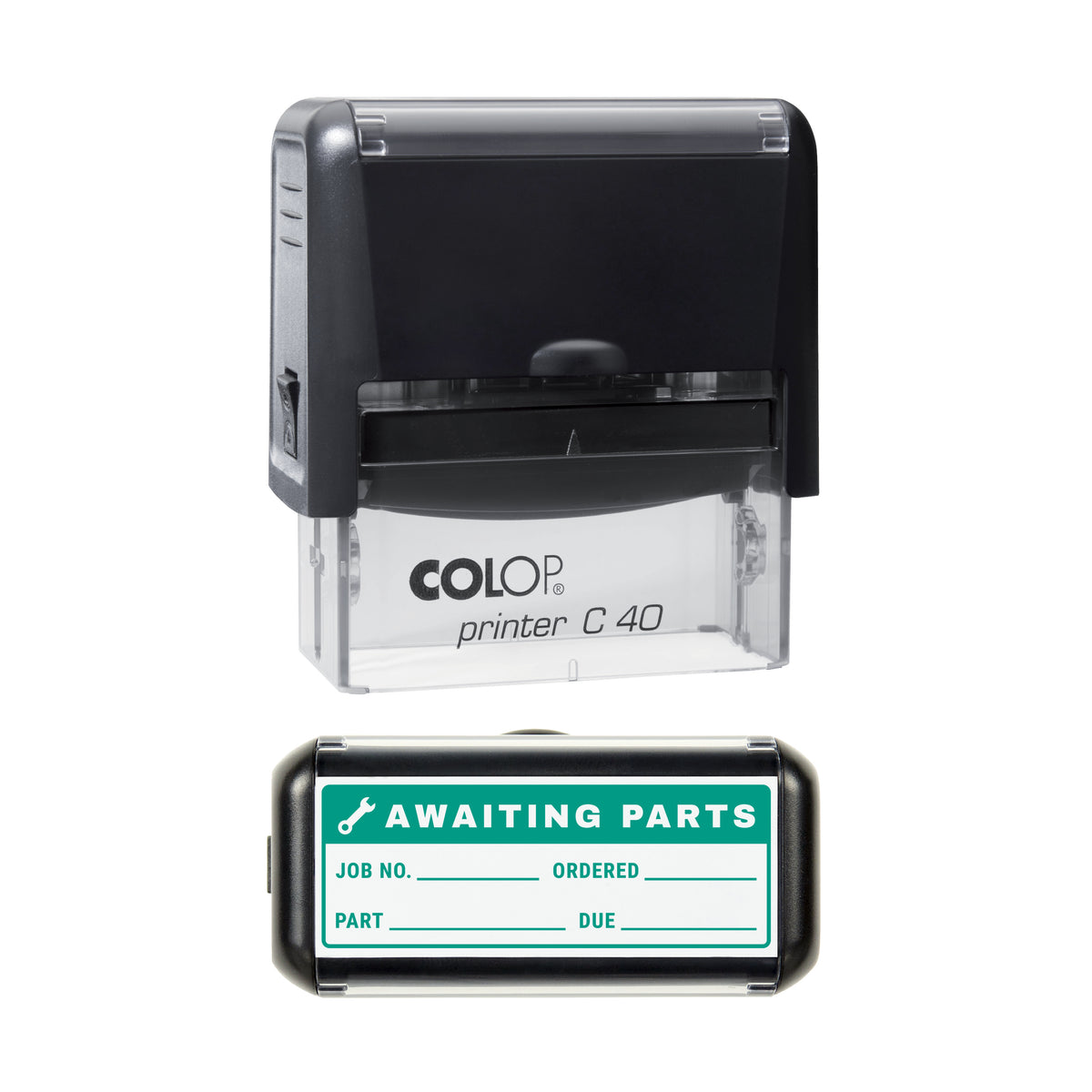 Stamp showing the Awaiting Parts Job Record design, 58 x 22mm COLOP C40 self-inking stamp, green ink