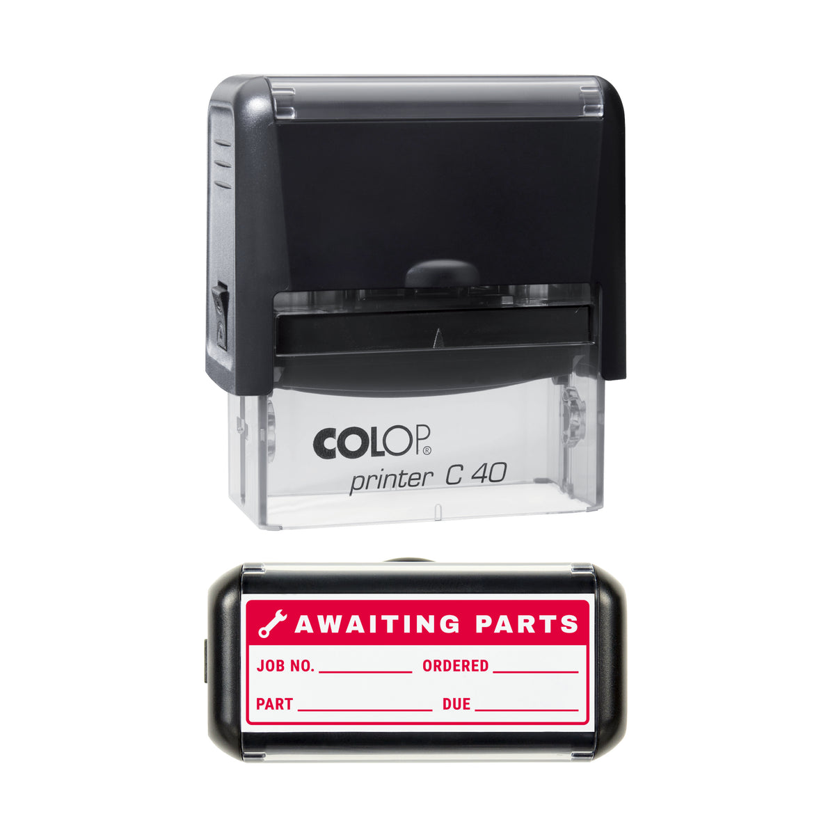 Stamp showing the Awaiting Parts Job Record design, 58 x 22mm COLOP C40 self-inking stamp, red ink