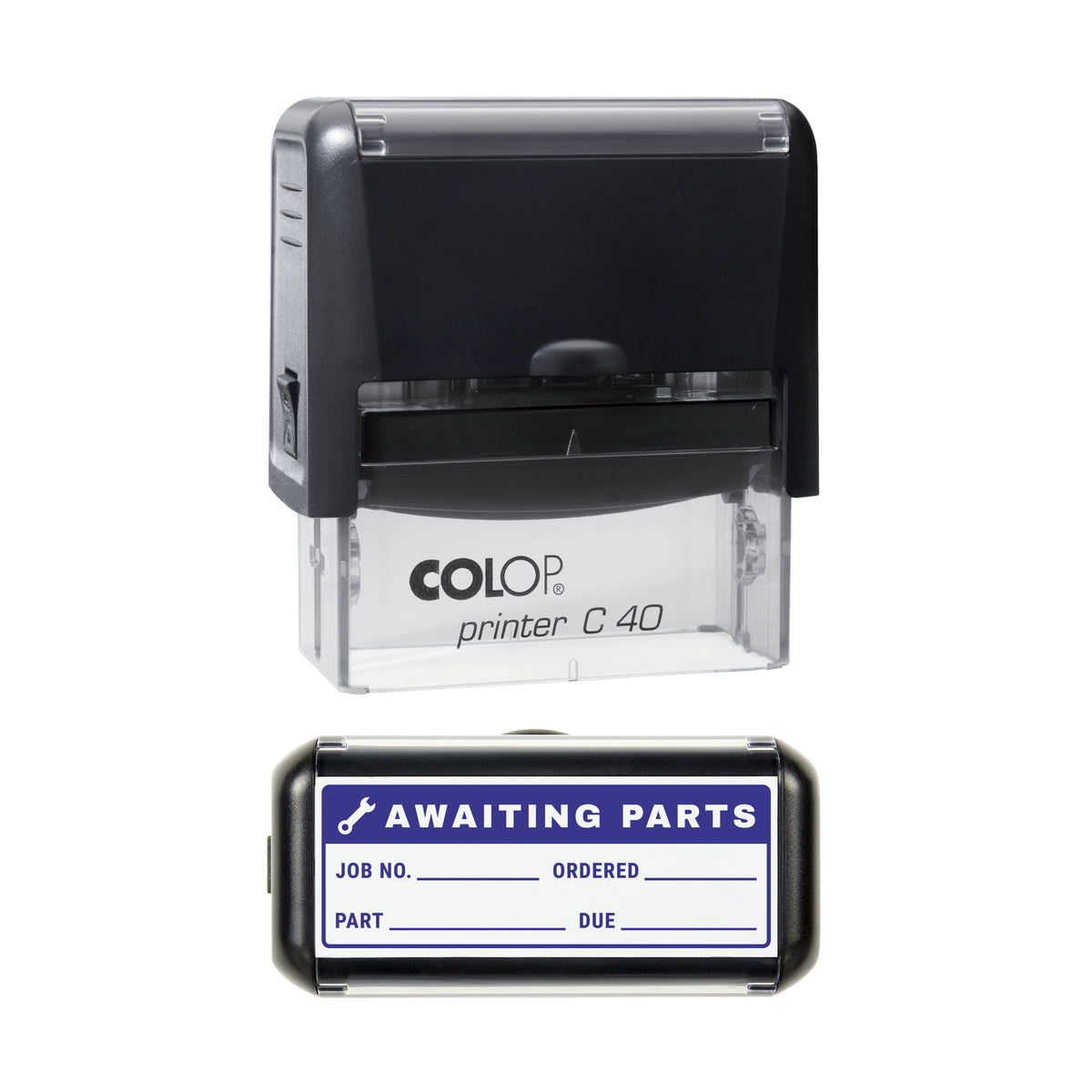 Stamp showing the Awaiting Parts Job Record design, 58 x 22mm COLOP C40 self-inking stamp, violet ink