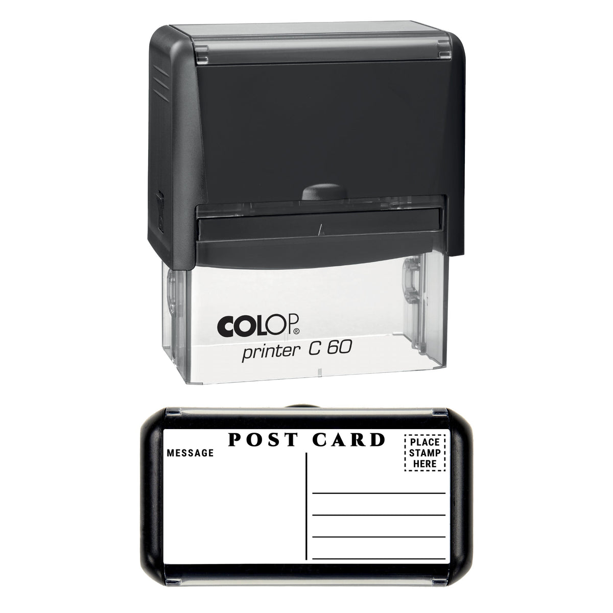 Stamp showing the Postcard Back Layout design, 77 x 36mm COLOP C60 self-inking stamp, black ink