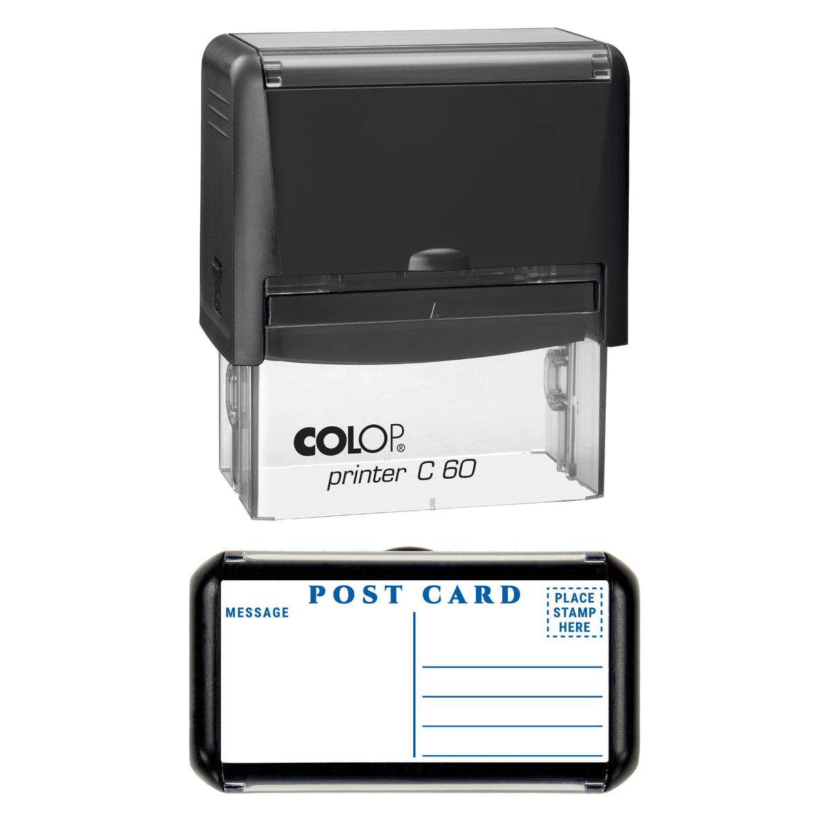 Stamp showing the Postcard Back Layout design, 77 x 36mm COLOP C60 self-inking stamp, blue ink