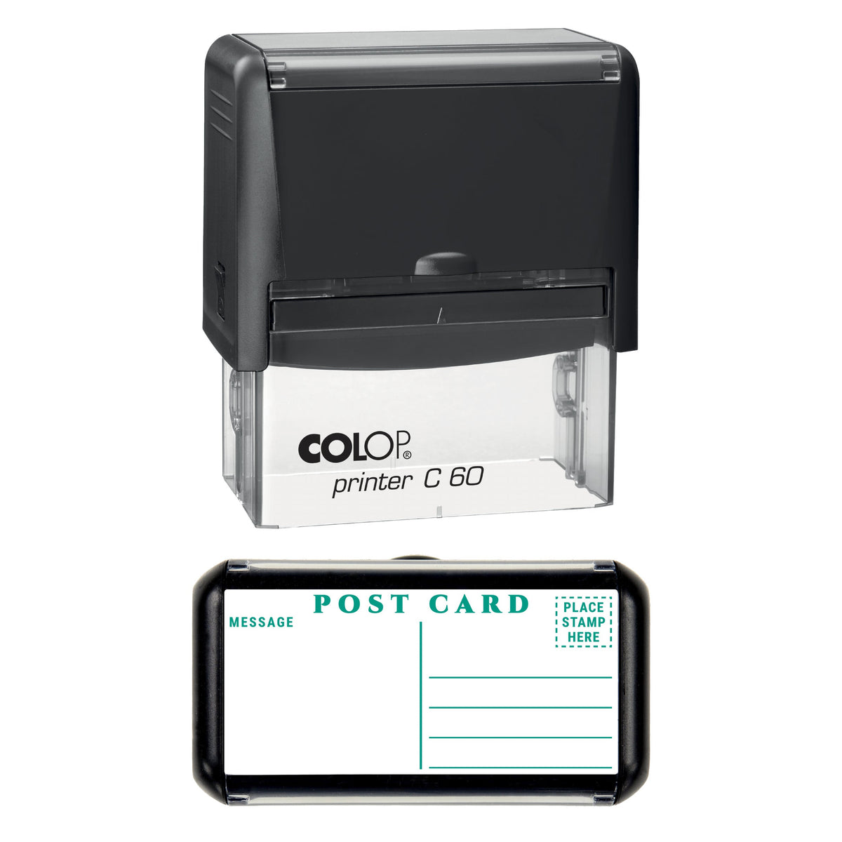 Stamp showing the Postcard Back Layout design, 77 x 36mm COLOP C60 self-inking stamp, green ink