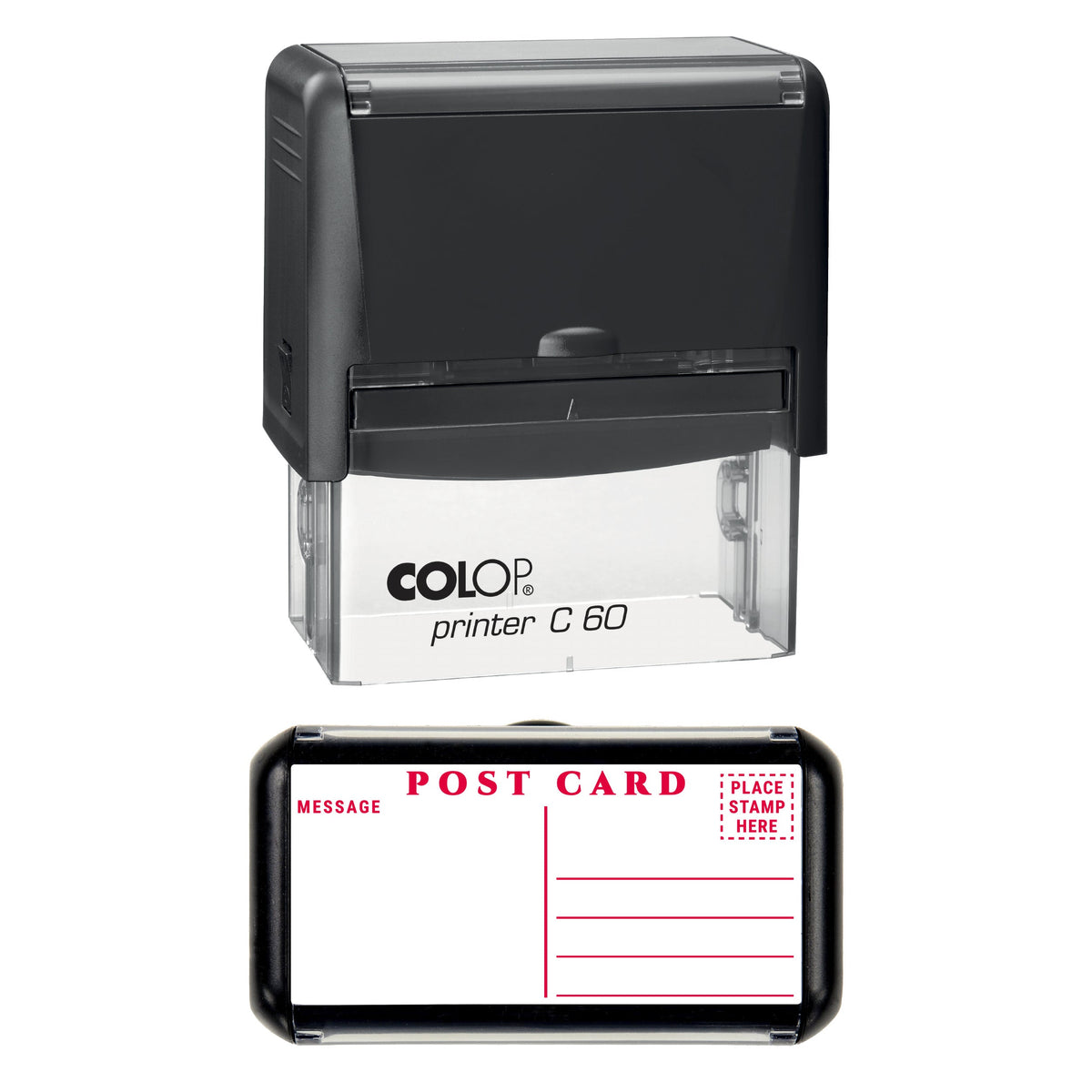 Stamp showing the Postcard Back Layout design, 77 x 36mm COLOP C60 self-inking stamp, red ink