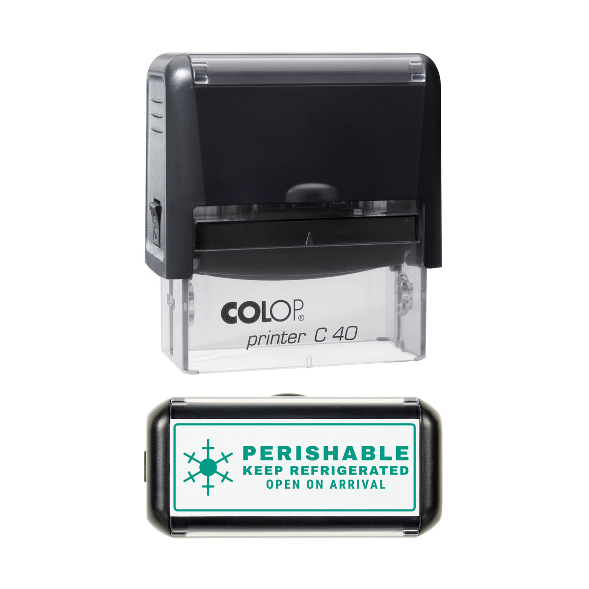 Stamp showing the Perishable Keep Refrigerated design, 58 x 22mm COLOP C40 self-inking stamp, green ink