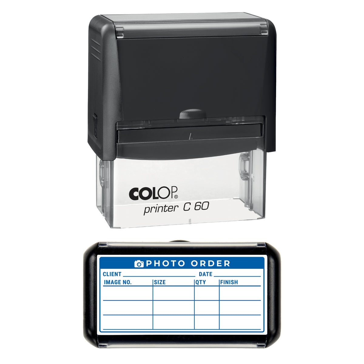Stamp showing the Photo Order Record design, 77 x 36mm COLOP C60 self-inking stamp, blue ink