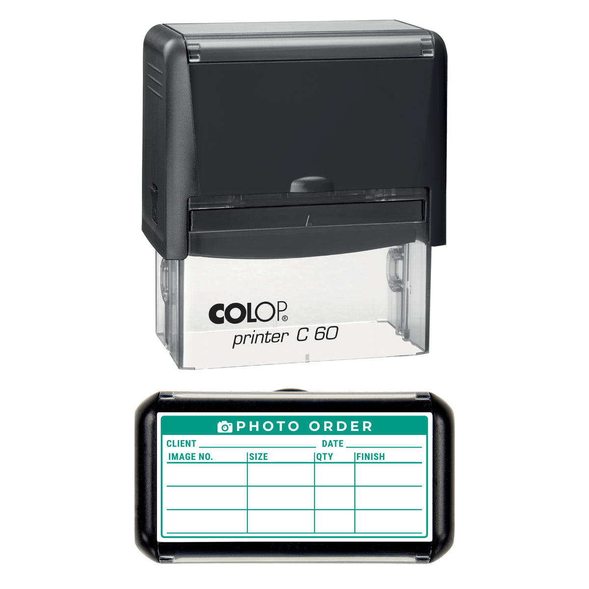 Stamp showing the Photo Order Record design, 77 x 36mm COLOP C60 self-inking stamp, green ink