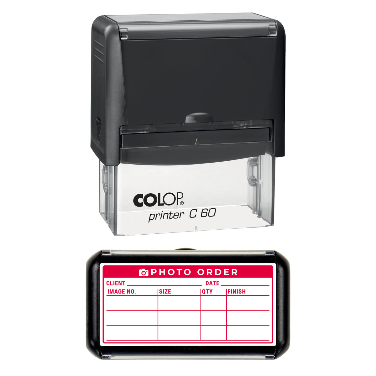 Stamp showing the Photo Order Record design, 77 x 36mm COLOP C60 self-inking stamp, red ink