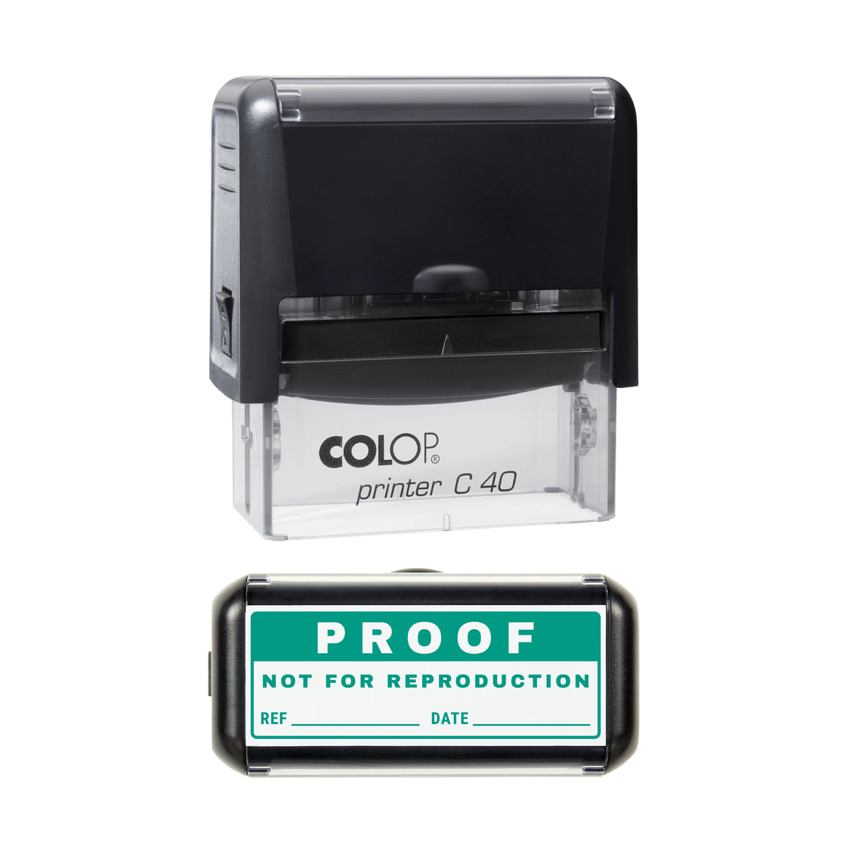 Stamp showing the Proof Not for Reproduction design, 58 x 22mm COLOP C40 self-inking stamp, green ink