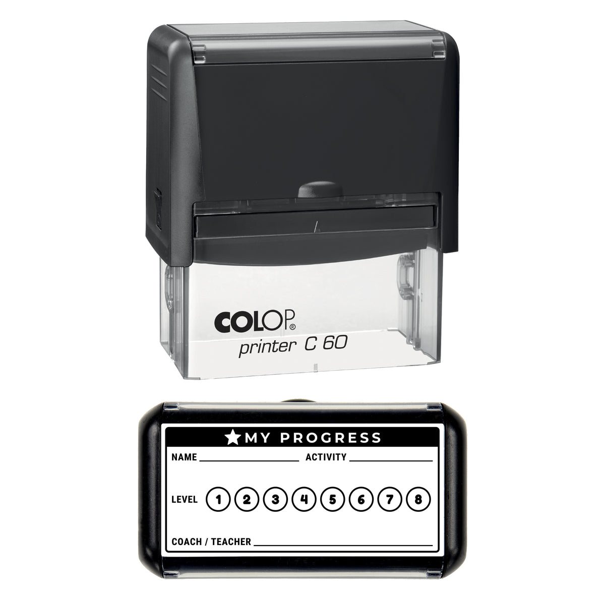 Stamp showing the Activity Progress Record design, 77 x 36mm COLOP C60 self-inking stamp, black ink