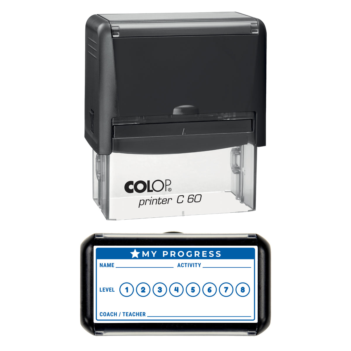 Stamp showing the Activity Progress Record design, 77 x 36mm COLOP C60 self-inking stamp, blue ink