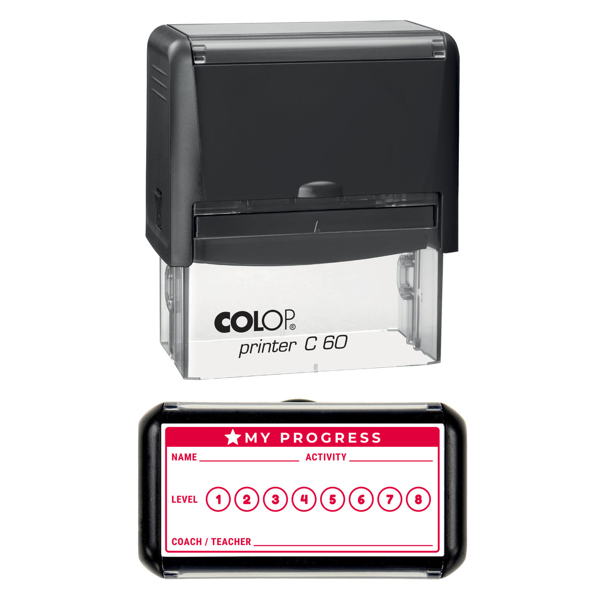 Stamp showing the Activity Progress Record design, 77 x 36mm COLOP C60 self-inking stamp, red ink