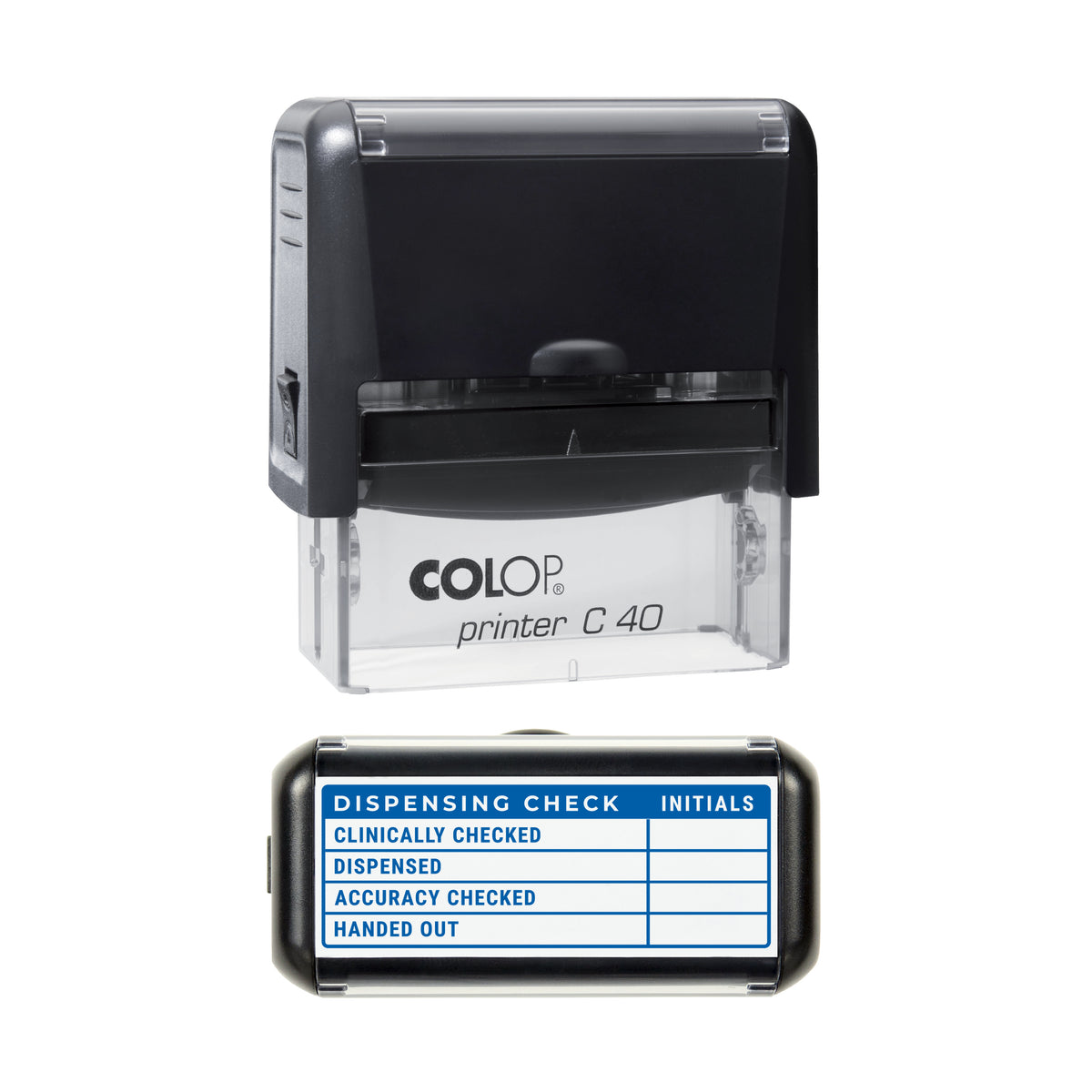 Stamp showing the Dispensing Check design, 58 x 22mm COLOP C40 self-inking stamp, blue ink