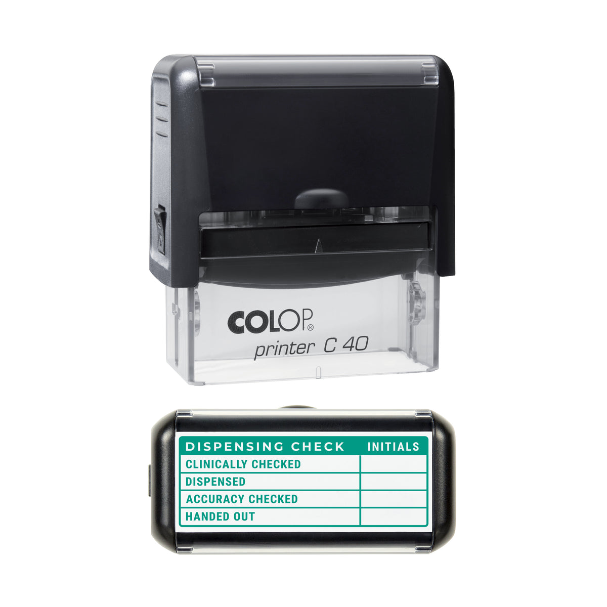 Stamp showing the Dispensing Check design, 58 x 22mm COLOP C40 self-inking stamp, green ink