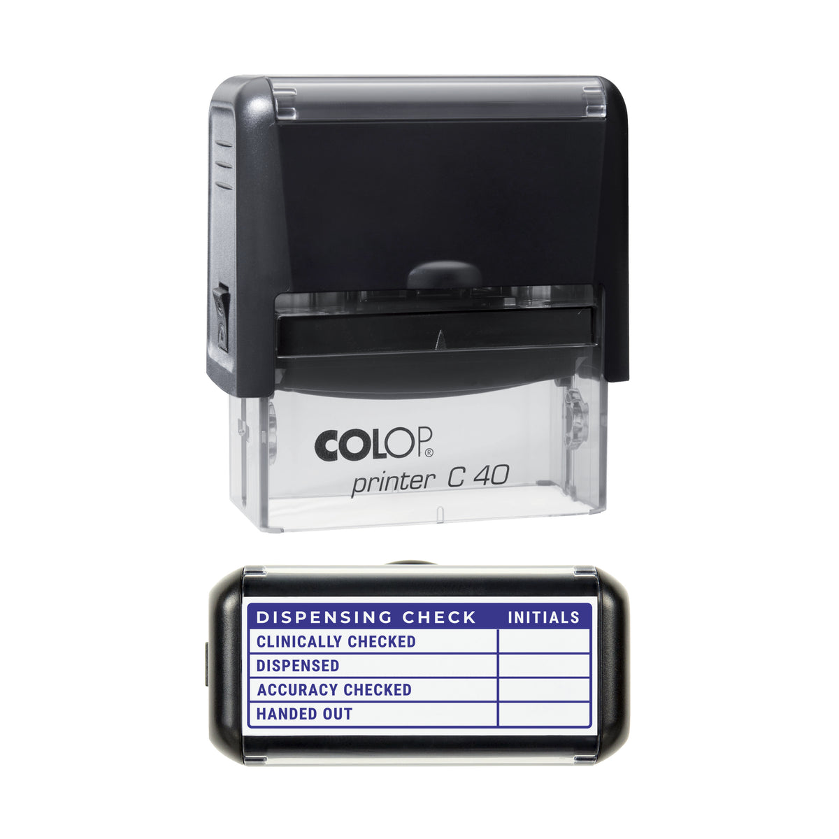 Stamp showing the Dispensing Check design, 58 x 22mm COLOP C40 self-inking stamp, violet ink