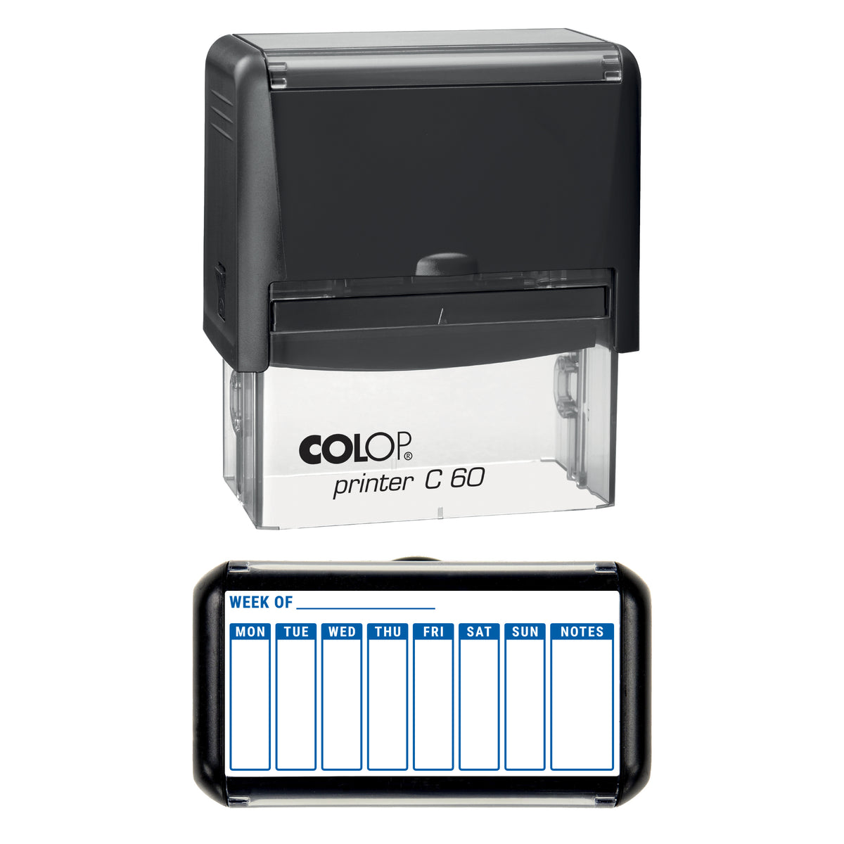 Stamp showing the Weekly Planner Spread design, 77 x 36mm COLOP C60 self-inking stamp, blue ink